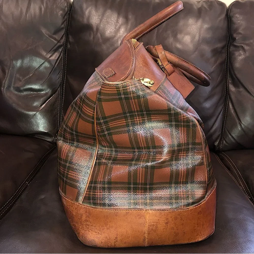 RALPH LAUREN Brown Green Top Handle Tartan Plaid Boston Duffle Travel Bag 55cm